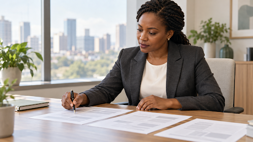 Financial analyst reviewing printed reports in a bright office